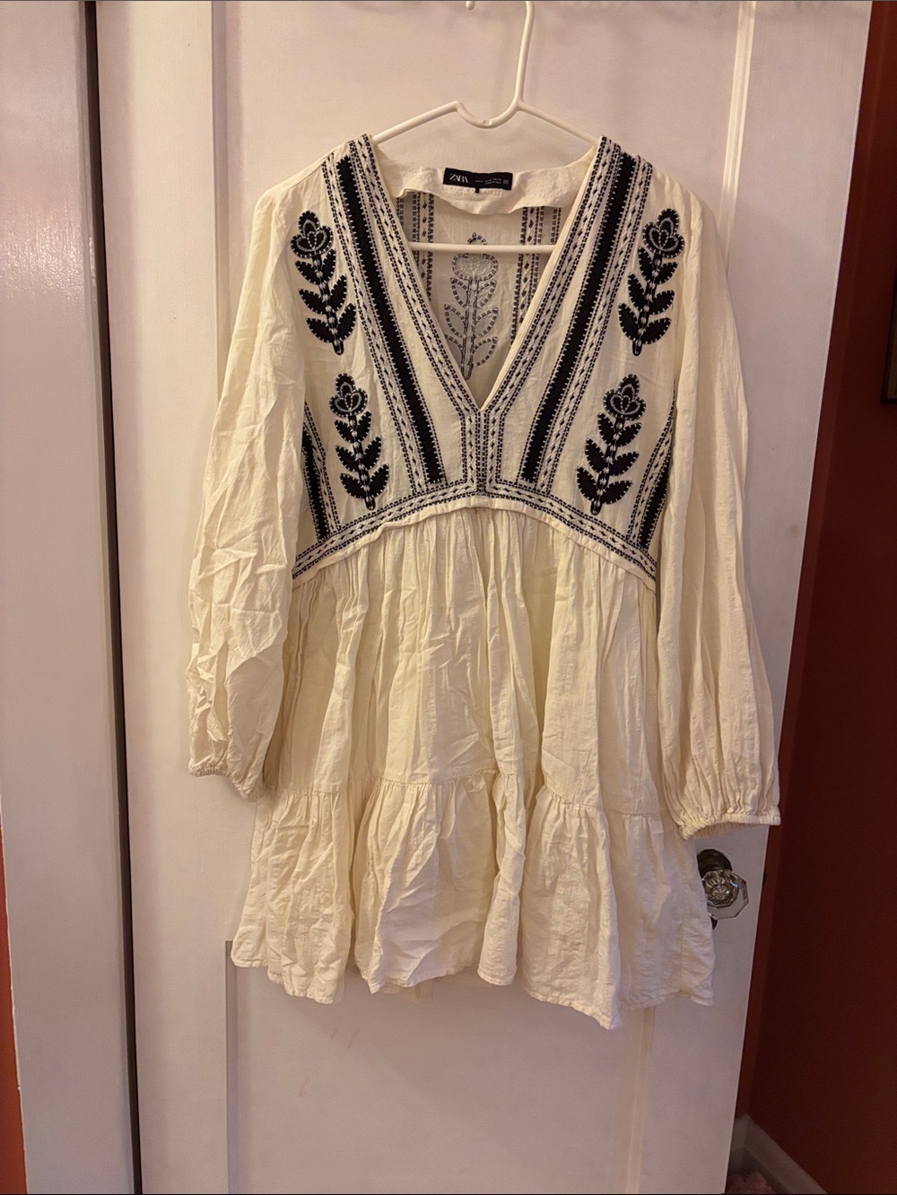 Zara Cream Mini Dress with Black Embroidered Detail